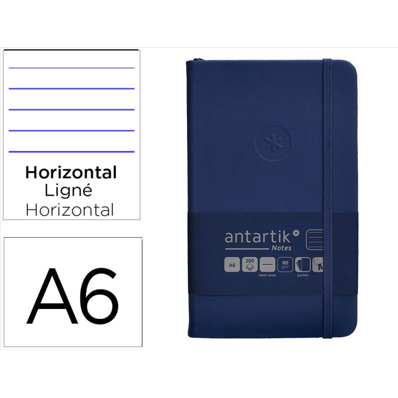 Cuaderno con gomilla antartik notes tapa dura a6 hojas rayas azul marino 100 hojas 80 gr fsc