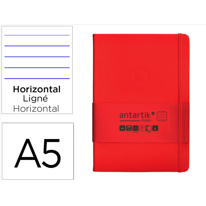 Cuaderno con gomilla antartik notes tapa dura a5 hojas rayas rojo 100 hojas 80 gr fsc