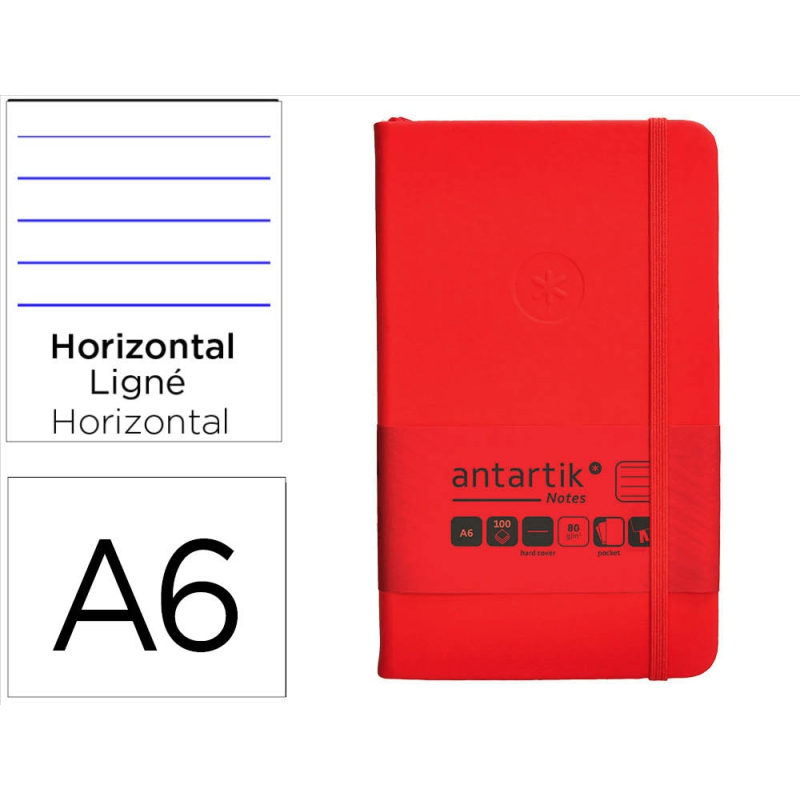 Cuaderno con gomilla antartik notes tapa dura a6 hojas rayas rojo 100 hojas 80 gr fsc