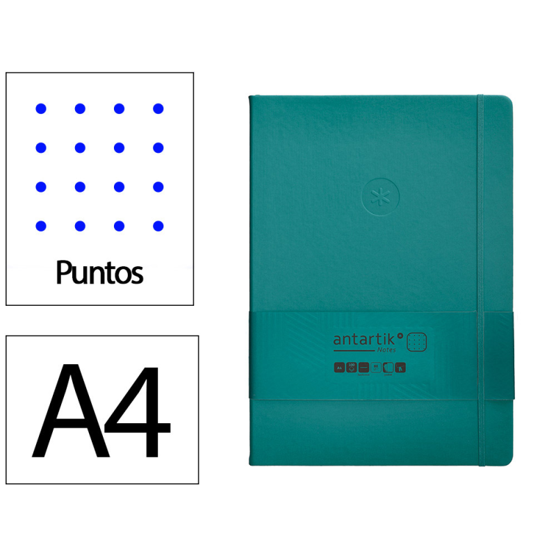 Cuaderno con gomilla antartik notes tapa dura a4 hojas puntos verde aguamarina 100 hojas 80 gr fsc