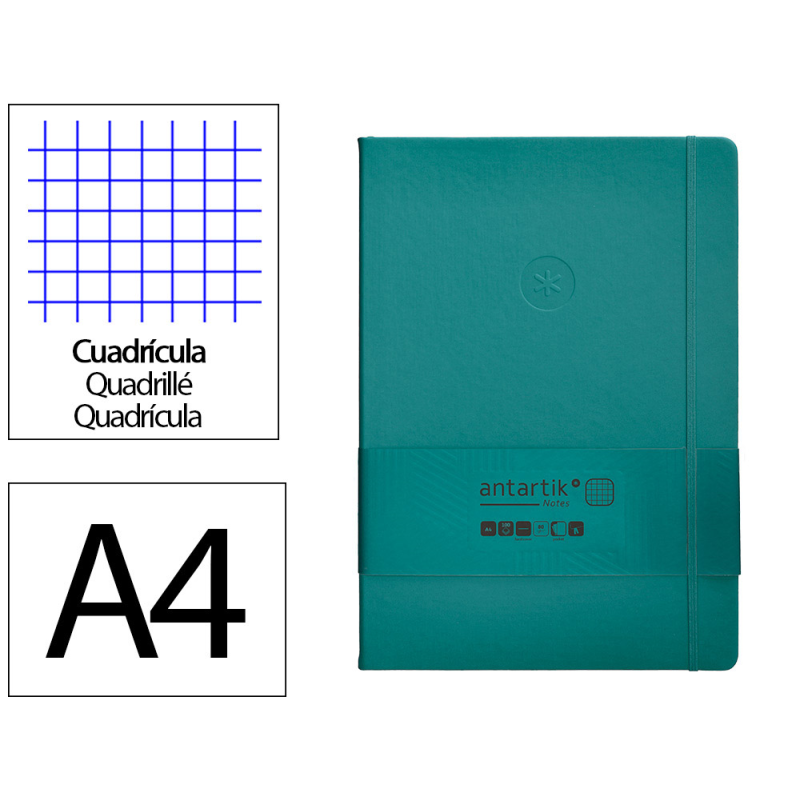 Cuaderno con gomilla antartik notes tapa dura a4 hojas cuadricula verde aguamarina 100 hojas 80 gr