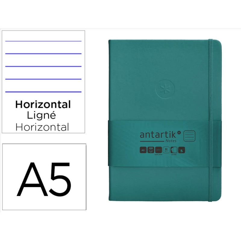 Cuaderno con gomilla antartik notes tapa dura a5 hojas rayas verde aguamarina 100 hojas 80 gr fsc