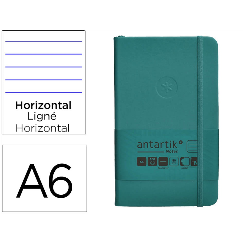 Cuaderno con gomilla antartik notes tapa dura a6 hojas rayas verde aguamarina 100 hojas 80 gr fsc