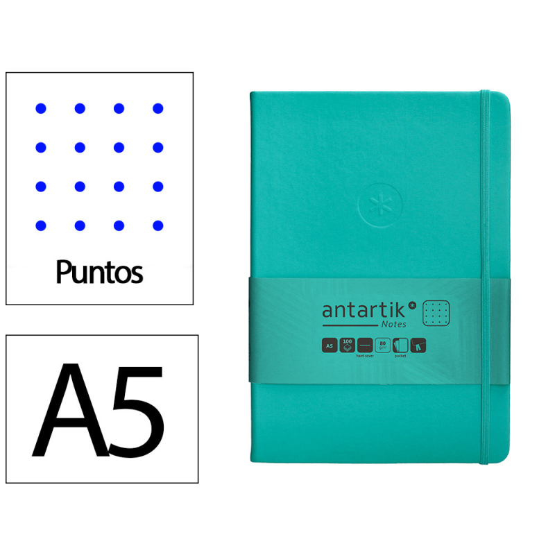 Cuaderno con gomilla antartik notes tapa dura a5 hojas puntos turquesa 100 hojas 80 gr fsc