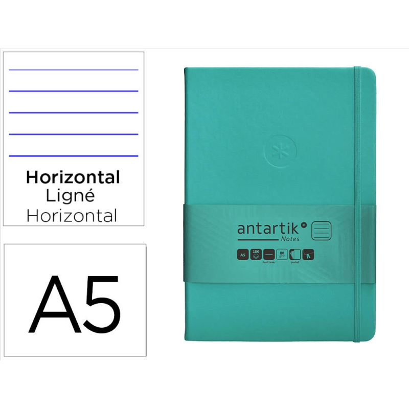 Cuaderno con gomilla antartik notes tapa dura a5 hojas rayas turquesa 100 hojas 80 gr fsc