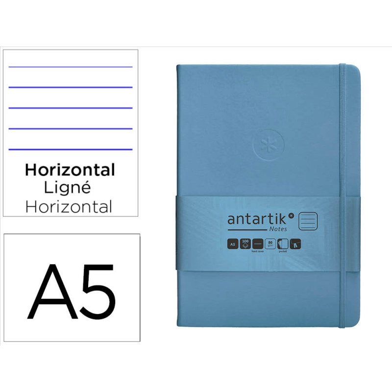 Cuaderno con gomilla antartik notes tapa dura a5 hojas rayas azul claro 100 hojas 80 gr fsc
