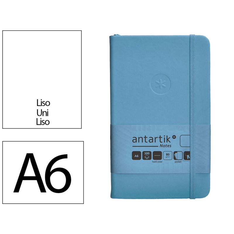 Cuaderno con gomilla antartik notes tapa dura a6 hojas lisas azul claro 100 hojas 80 gr fsc