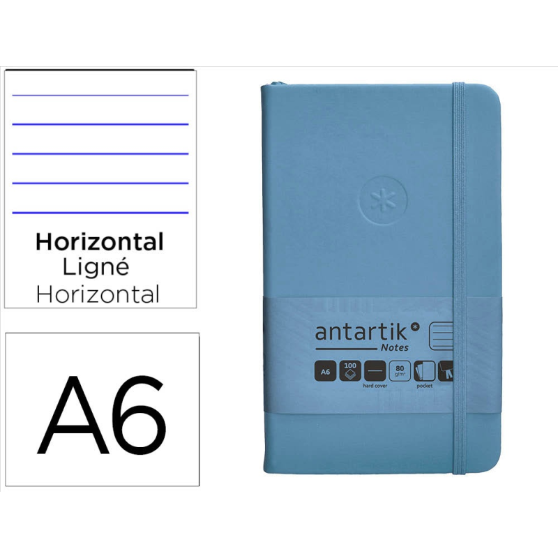 Cuaderno con gomilla antartik notes tapa dura a6 hojas rayas azul claro 100 hojas 80 gr fsc