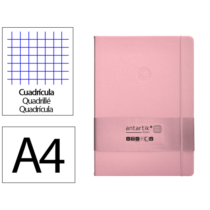Cuaderno con gomilla antartik notes tapa dura a4 hojas cuadricula rosa pastel 100 hojas 80 gr fsc