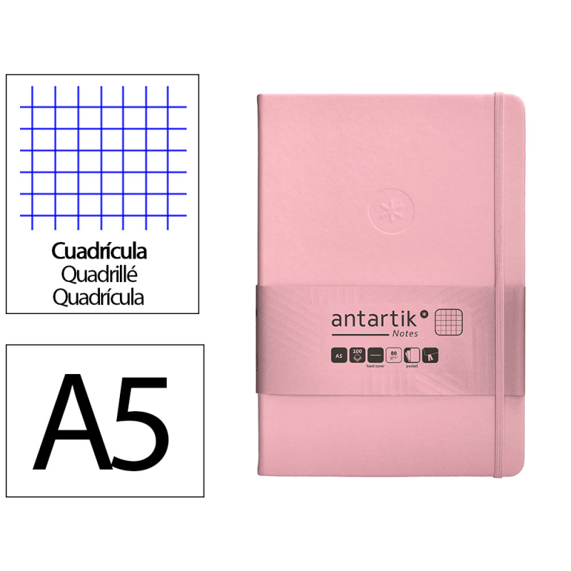Cuaderno con gomilla antartik notes tapa dura a5 hojas cuadricula rosa pastel 100 hojas 80 gr fsc