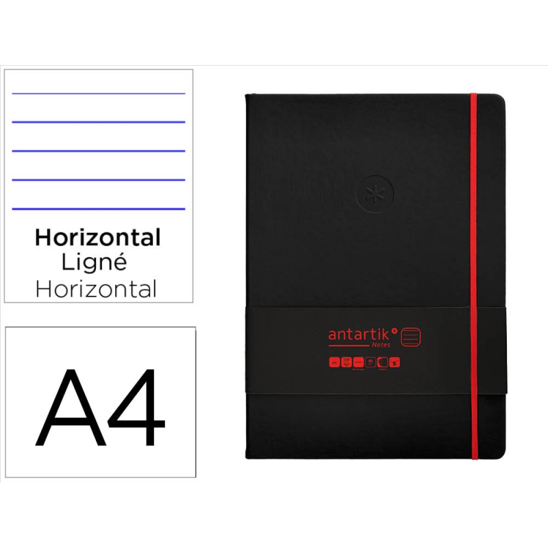 Cuaderno con gomilla antartik notes tapa dura a4 hojas rayas negro y rojo 100 hojas 80 gr fsc