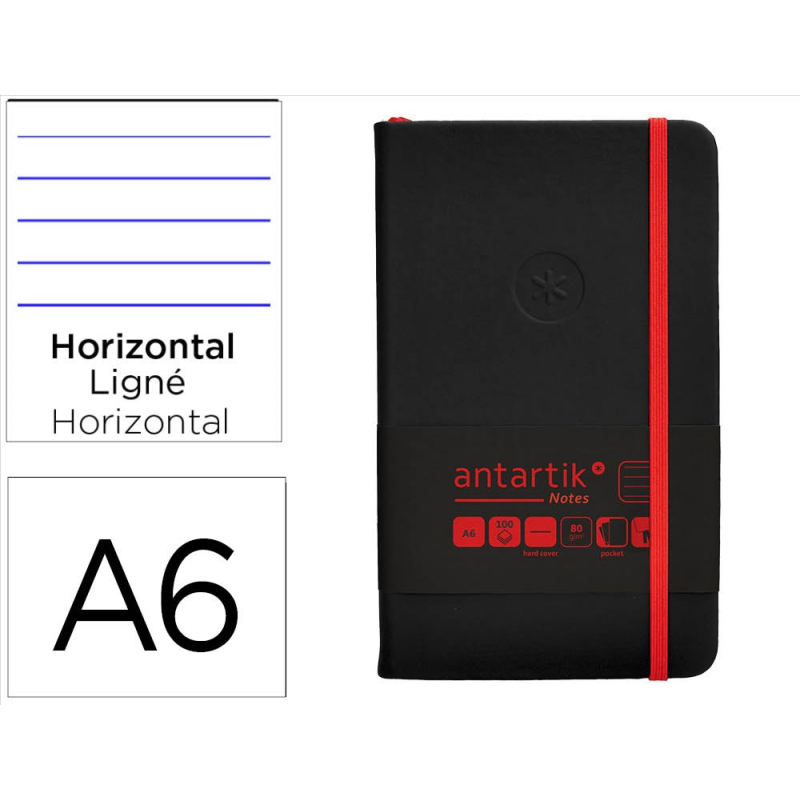 Cuaderno con gomilla antartik notes tapa dura a6 hojas rayas negro y rojo 100 hojas 80 gr fsc