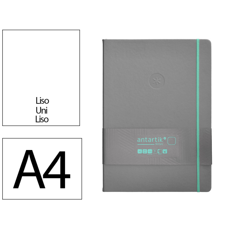 Cuaderno con gomilla antartik notes tapa dura a4 hojas lisas gris y turquesa 100 hojas 80 gr fsc