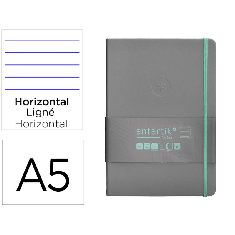 Cuaderno con gomilla antartik notes tapa dura a5 hojas rayas gris y turquesa 100 hojas 80 gr fsc