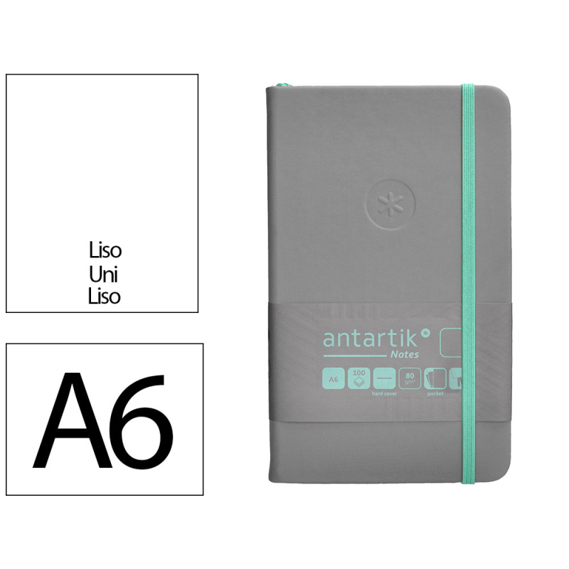 Cuaderno con gomilla antartik notes tapa dura a6 hojas lisas gris y turquesa 100 hojas 80 gr fsc