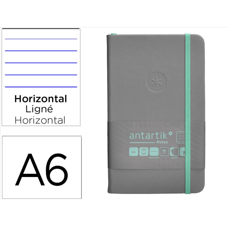 Cuaderno con gomilla antartik notes tapa dura a6 hojas rayas gris y turquesa 100 hojas 80 gr fsc