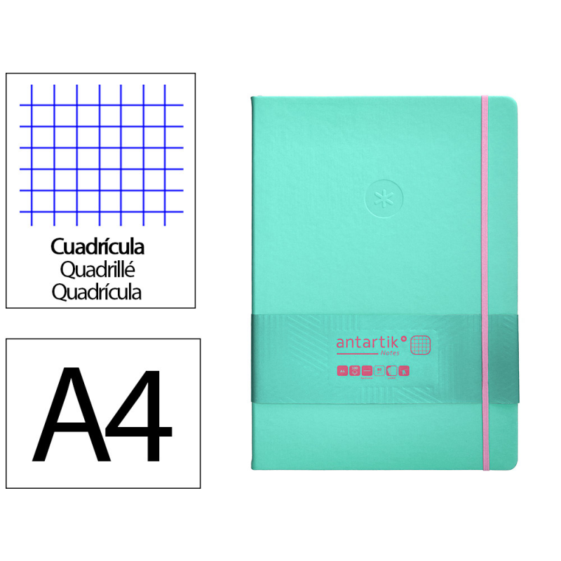 Cuaderno con gomilla antartik notes tapa dura a4 hojas cuadricula rosa y turquesa 100 hojas 80 gr fsc