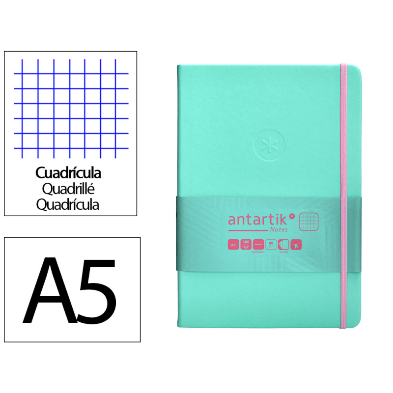Cuaderno con gomilla antartik notes tapa dura a5 hojas cuadricula rosa y turquesa 100 hojas 80 gr fsc