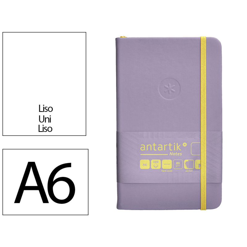 Cuaderno con gomilla antartik notes tapa dura a6 hojas lisas morado y amarillo 100 hojas 80 gr fsc