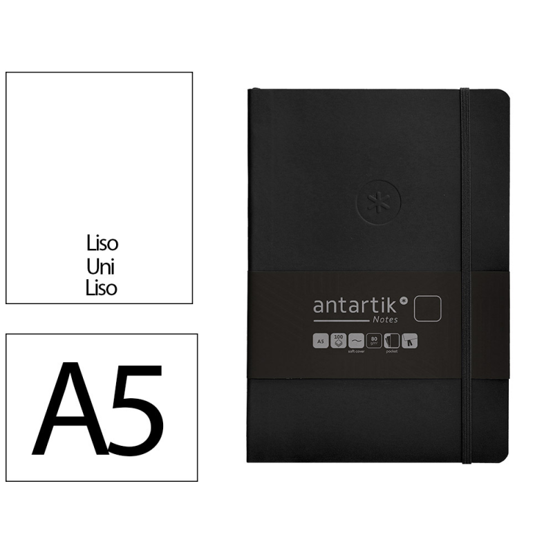 Cuaderno con gomilla antartik notes tapa blanda a5 hojas lisas negro 80 hojas 80 gr fsc