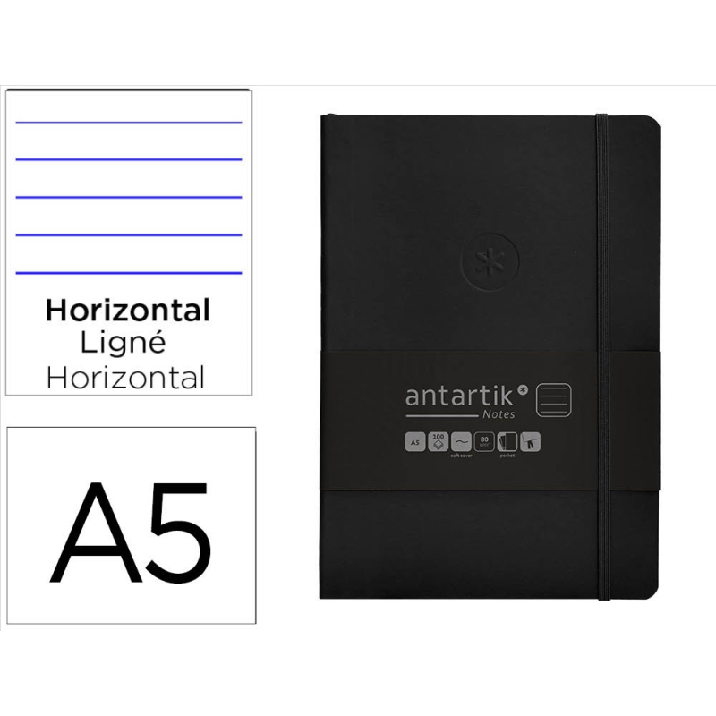 Cuaderno con gomilla antartik notes tapa blanda a5 hojas rayas negro 80 hojas 80 gr fsc