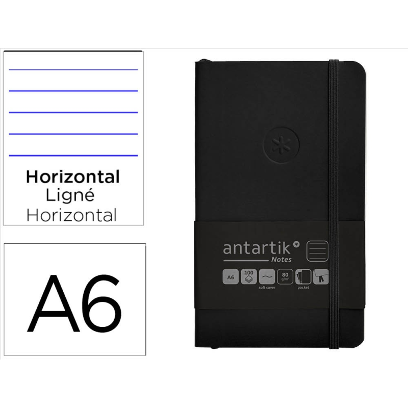 Cuaderno con gomilla antartik notes tapa blanda a6 rayas negro 100 hojas 80 gr fsc
