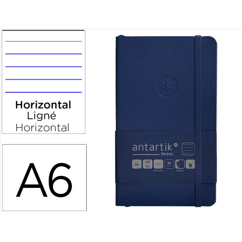 Cuaderno con gomilla antartik notes tapa blanda a6 rayas azul marino 100 hojas 80 gr fsc