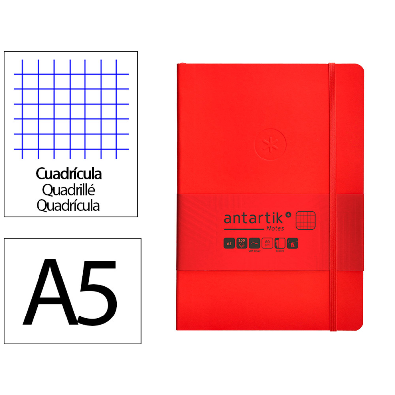 Cuaderno con gomilla antartik notes tapa blanda a5 hojas cuadricula rojo 80 hojas 80 gr fsc