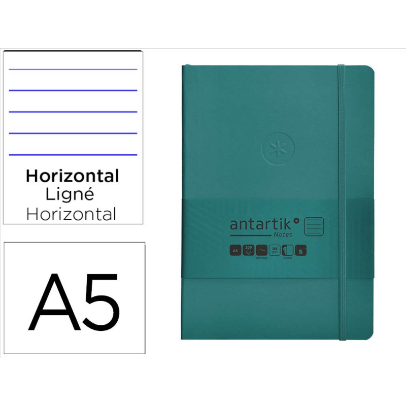 Cuaderno con gomilla antartik notes tapa blanda a5 hojas rayas verde aguamarina 80 hojas 80 gr fsc