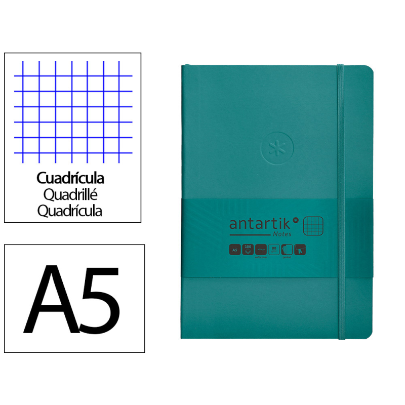 Cuaderno con gomilla antartik notes tapa blanda a5 hojas cuadricula verde aguamarina 80 hojas 80 gr fsc