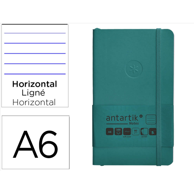 Cuaderno con gomilla antartik notes tapa blanda a6 rayas verde aguamarina 100 hojas 80 gr fsc