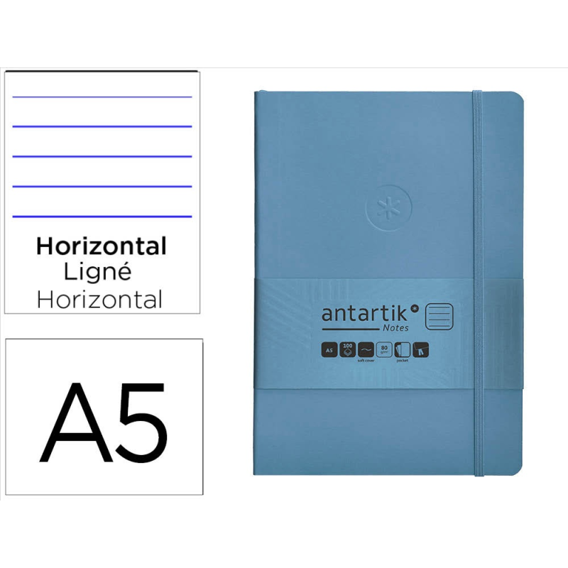 Cuaderno con gomilla antartik notes tapa blanda a5 hojas rayas azul claro 80 hojas 80 gr fsc