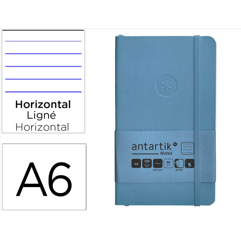 Cuaderno con gomilla antartik notes tapa blanda a6 rayas azul claro 100 hojas 80 gr fsc