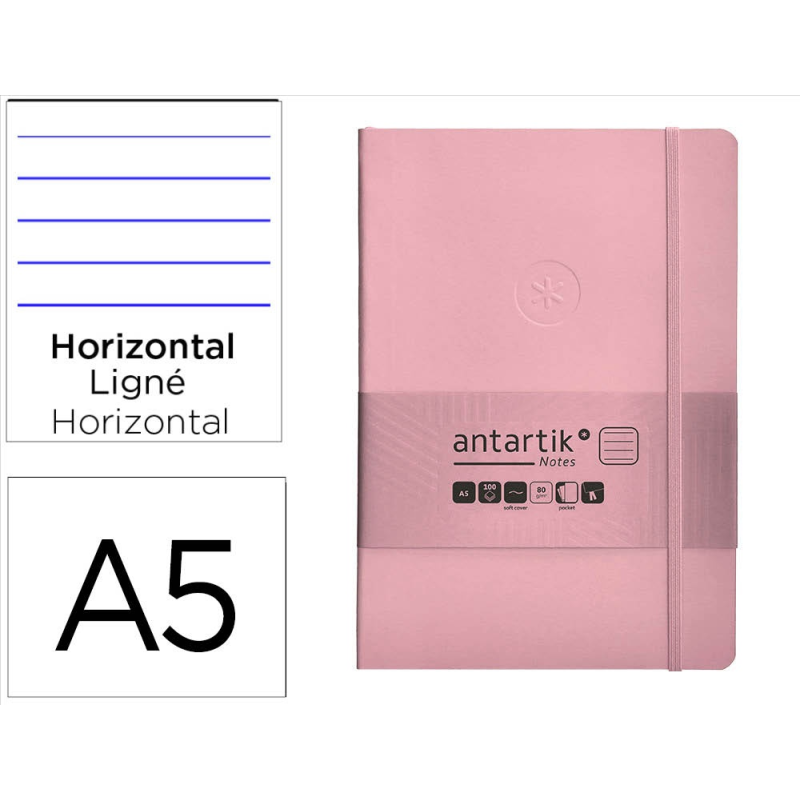 Cuaderno con gomilla antartik notes tapa blanda a5 hojas rayas rosa pastel 80 hojas 80 gr fsc