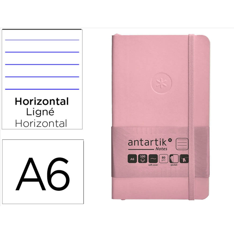 Cuaderno con gomilla antartik notes tapa blanda a6 rayas rosa pastel 100 hojas 80 gr fsc