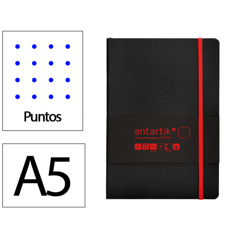 Cuaderno con gomilla antartik notes tapa blanda a5 hojas puntos negro y rojo 80 hojas 80 gr fsc
