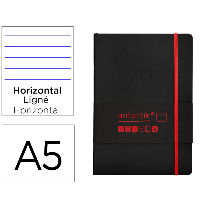 Cuaderno con gomilla antartik notes tapa blanda a5 hojas rayas negro y rojo 80 hojas 80 gr fsc