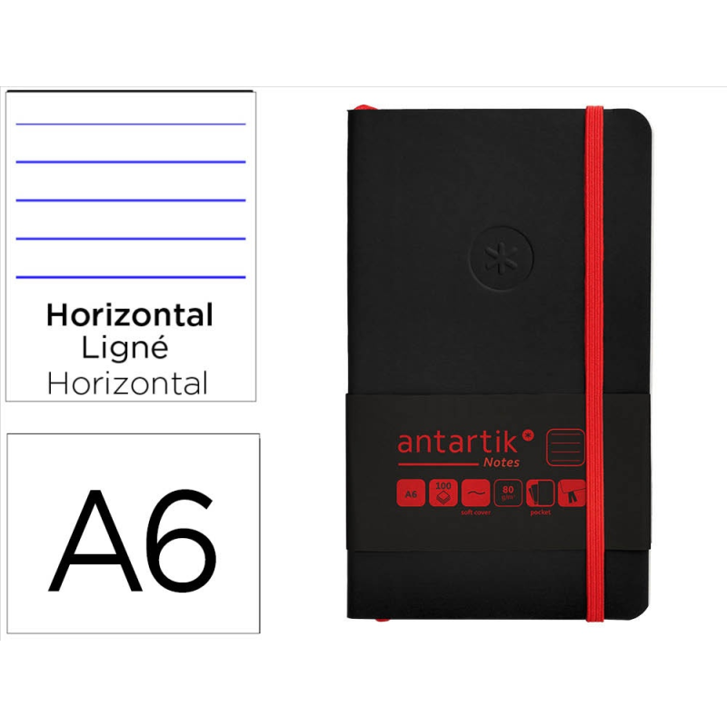 Cuaderno con gomilla antartik notes tapa blanda a6 rayas negro y rojo 100 hojas 80 gr fsc