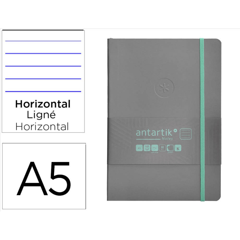 Cuaderno con gomilla antartik notes tapa blanda a5 hojas rayas gris y turquesa 80 hojas 80 gr fsc
