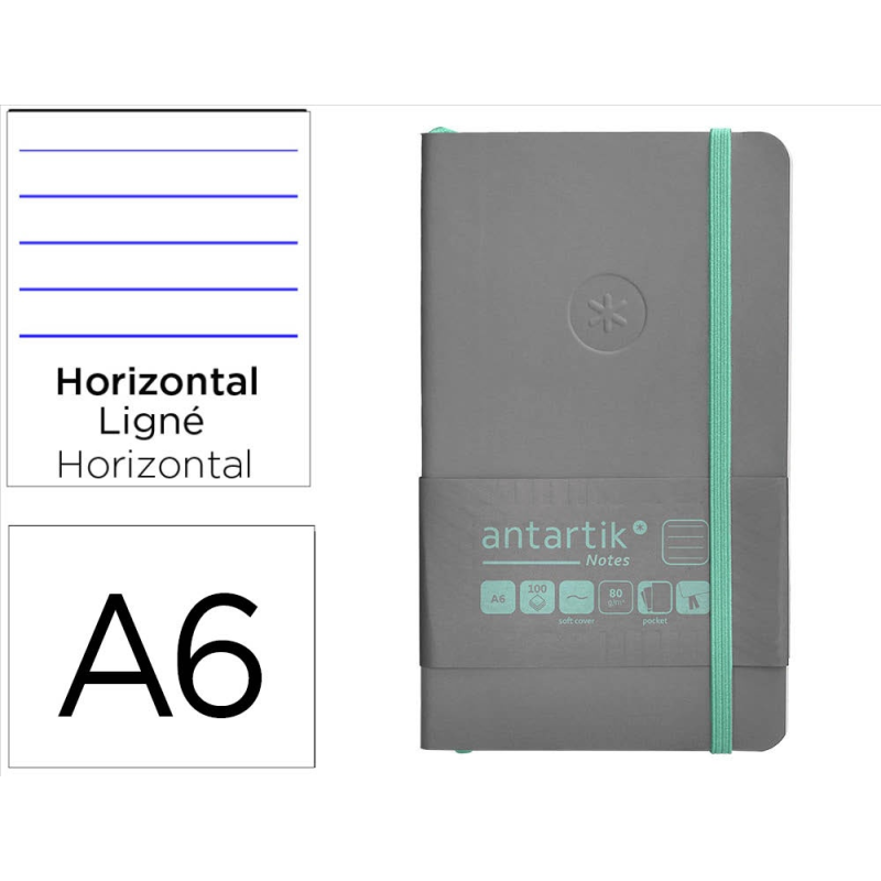 Cuaderno con gomilla antartik notes tapa blanda a6 rayas gris y turquesa 100 hojas 80 gr fsc