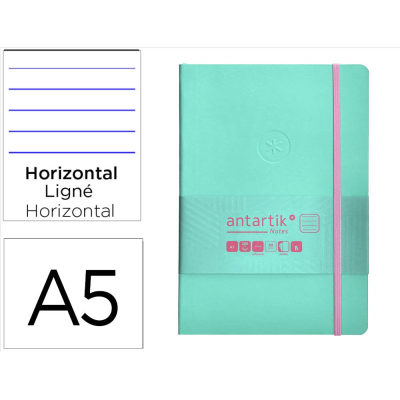 Cuaderno con gomilla antartik notes tapa blanda a5 hojas rayas rosa y turquesa 80 hojas 80 gr fsc