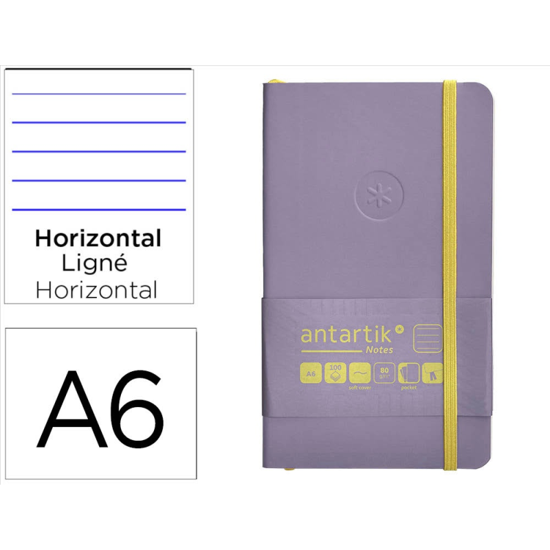 Cuaderno con gomilla antartik notes tapa blanda a6 rayas morado y amarillo 100 hojas 80 gr fsc