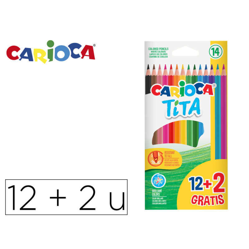Lapices de colores carioca tita hexagonal 12 unidades colores surtidos + 2 gratis