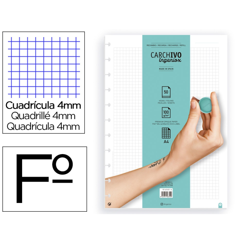 Recambio cuaderno carchivo ingeniox a4 50 hojas cuadricula