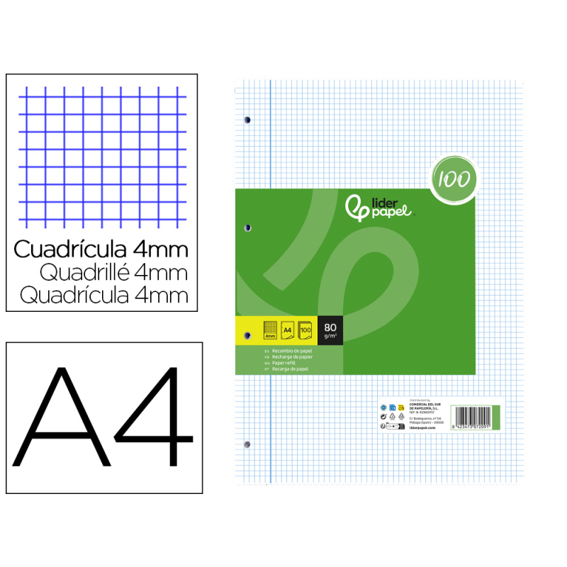 Recambio liderpapel a4 100 hojas papel reciclado 100% 80gr cuadro 4mm con margen 4 taladros