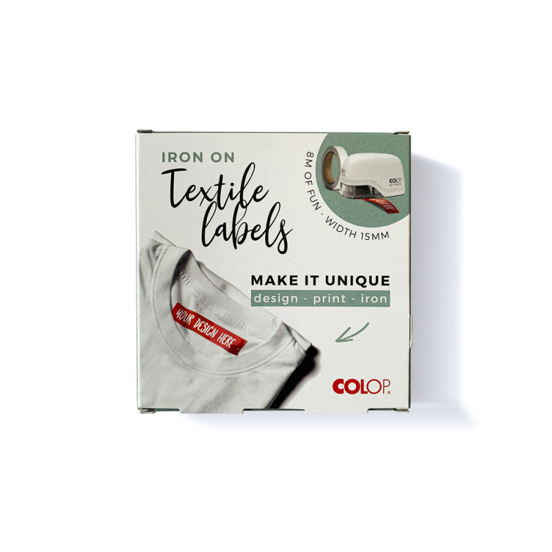 Cinta textil colop tafetan termo adhesiva ancho 15 mm para impresora e-mark rollo de 8 mt