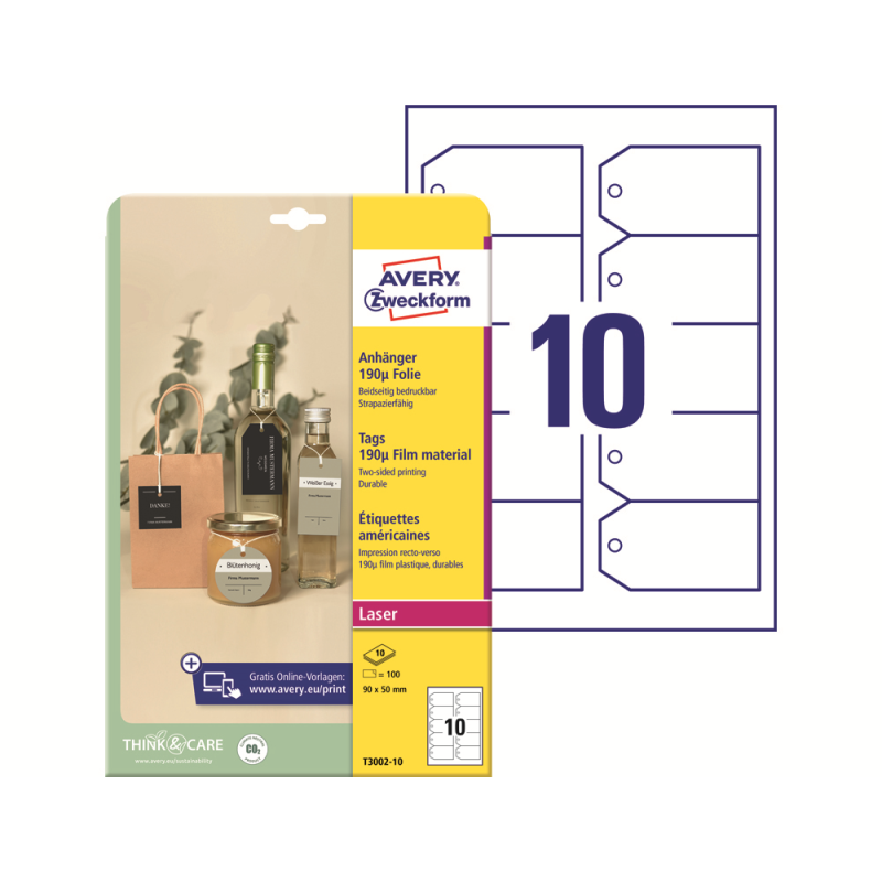 Etiqueta colgante avery blanca 90x50 mm imprimible doble cara plastico 190 mc pack de 100 unidades