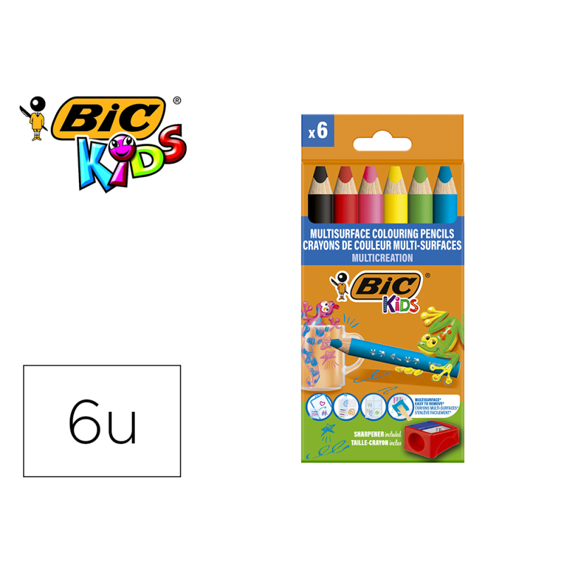 Lapices de colores bic multisuperficies triangulares mina borrable caja de 6 unidades colores surtidos +