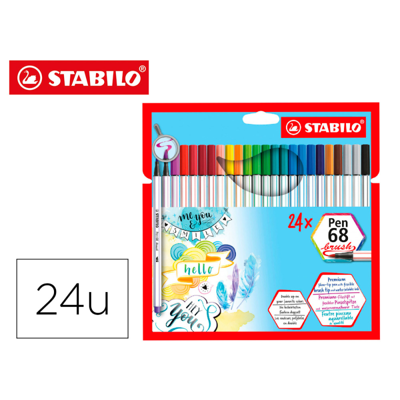 Rotulador stabilo acuarelable pen 68 brush punta pincel estuche de 24 unidades colores surtidos