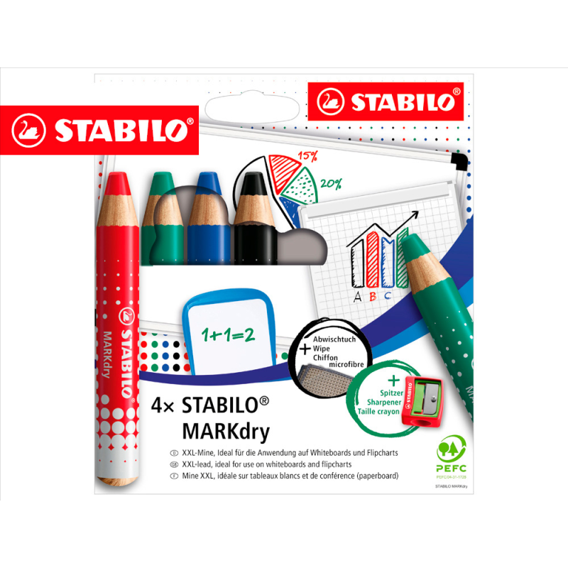 Lapiz marcador en seco stabilo markdry para pizarra blanca estuche de 4 unidades colores surtidos
